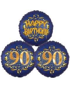 Satin Navy & Gold 90 Happy Birthday, Luftballons aus Folie zum 90. Geburtstag, inklusive Helium