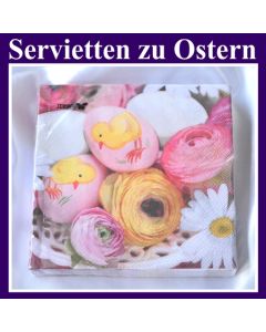 Servietten zu Ostern, Papierserviette, 20 Stück, 3-lagig, mit Ostereiern, Osterküken und Frühlingsblumen