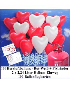 Luftballons zur Hochzeit steigen lassen, 100 rote und weiße Herzluftballons Helium-Einweg Set mit Ballonflugkarten