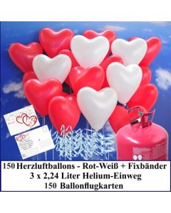 Luftballons zur Hochzeit steigen lassen, 150 rote und weiße Herzluftballons Helium-Einweg Set mit Ballonflugkarten