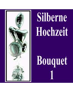 Silberne Hochzeit, Bouquet 1, 3 silberne Herzluftballons und 2 silberne Luftballons Zahl 25, alle Folienballons mit Ballongas