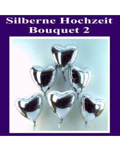 Bouquet 2 zur Silbernen Hochzeit, silberne Herzluftballons aus Folie mit Ballongas-Helium