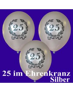 Silberne Luftballons Zahl 25 im Lorbeerkranz