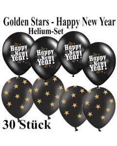 Silvester Helium Einweg Set, 10 Luftballons Happy New Year, 20 Luftballons Golden Stars