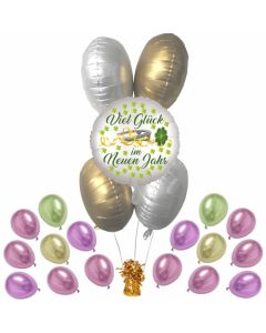 5 Helium-Luftballons Bouquet "Viel Glück im Neuen Jahr" satin de luxe