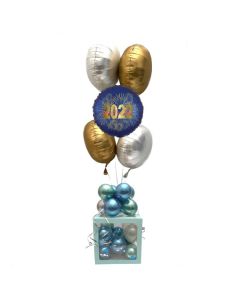 5 Helium-Luftballons Bouquet "2022 Blue" satin de luxe und 1 Ballonbox