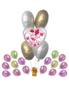 5 Helium-Luftballons Bouquet mit Herzballon  "Viel Glück im Neuen Jahr" satin de luxe