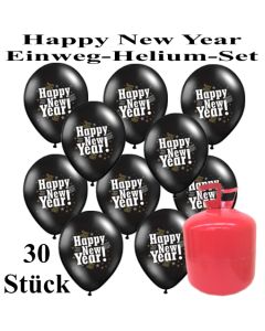 Silvester Helium Einweg Set, 30 Luftballons Happy New Year, schwarz