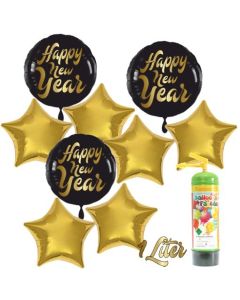Dekoration Silvester: 9 Luftballons 3 x Happy New Year und 6 goldene Sternballons mit 1 Liter Ballongas Einweg