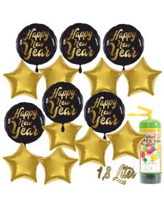 Dekoration Silvester: 15 Luftballons 6 x Happy New Year und 9 goldene Sternballons mit 1,8 Liter Ballongas Einweg