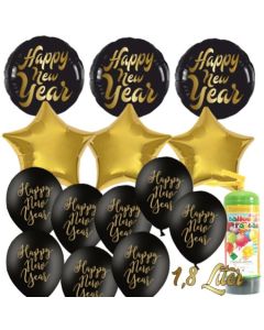 Dekoration Silvester: 19 Luftballons 3 x Happy New Year, 3 goldene Sternballons und 13 Latexballons mit 1,8 Liter Ballongas Einweg
