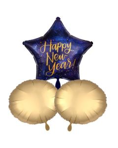 Bouquet Sternluftballon Happy New Year zu Silvester und Neujahr mit 2 Rundballons in Gold