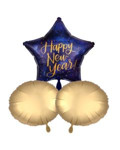 Bouquet Sternluftballon Happy New Year zu Silvester und Neujahr mit 2 Rundballons in Gold