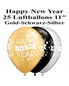 Luftballons zu Silvester und Neujahr, Happy New Year, gold, silber, schwarz, 25 Stück