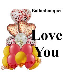 Ballon-Bouquet Love You Satin Gold mit 15 Luftballons