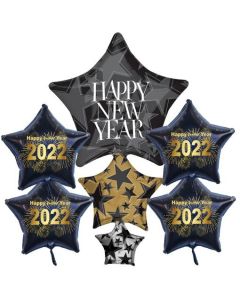 Silvesterdeko Ballon-Bouquet: 1 Cluster-Luftballon Happy New Year und 4 schwarze Sternballons 2022