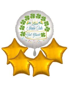 Silvesterdeko Bouquet aus Folienballons: 1x Zum Neuen Jahr Viel Glück und 4 Sternballons gold