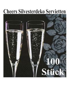 Silvesterdeko Servietten, Cheers, Sektgläser, 100 Stück, 33x33 cm, 3-lagig