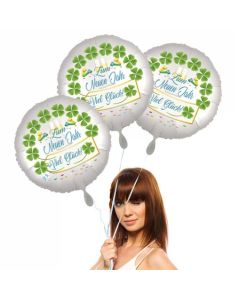 Silvestergrüße: Zum Neuen Jahr viel Glück. 3 Luftballons aus Folie. Satin de Luxe, weiß, mit Helium