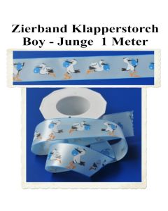 Deko-Zierband, Stoff-Schmuckband, Klapperstorch, Hellblau-Blau, Junge, Boy, 1 Meter zu Geburt und Taufe