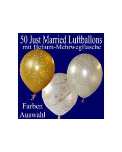 Just Married Luftballons, 50 Hochzeitsballons mit Heliumflasche