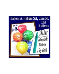 Ballons und Helium Set zum 50. Geburtstag, 100 Luftballons, Zahl 50, mit 10 Liter Helium-Ballongas zur Ballondekoration auf der Geburtstagsparty