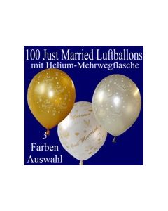 Just Married Luftballons, 100 Hochzeitsballons mit Heliumflasche