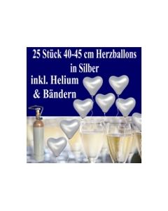 Herzluftballons mit Helium in Silber, Maxi-Set zur Silbernen Hochzeit, 25 Ballons und Ballongasflasche