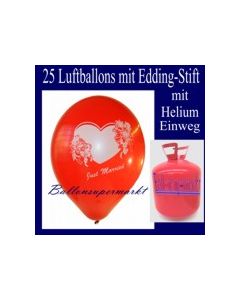Just Married Luftballons, Glückwünsche - Namen eintragen, 25 Luftballons mit Helium-Einwegflasche