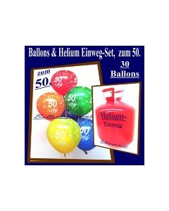 Helium- Einwegbehälter mit 30 Luftballons zum 50. Geburtstag