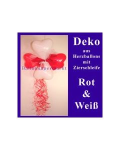 Herzluftballons-Dekoration mit Ringelband und Zierschleife, Rot-Weiß