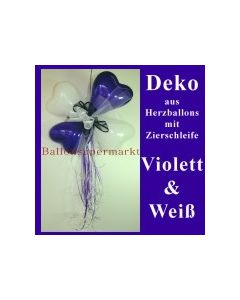 Herzluftballons-Dekoration mit Ringelband und Zierschleife, Violett-Weiß