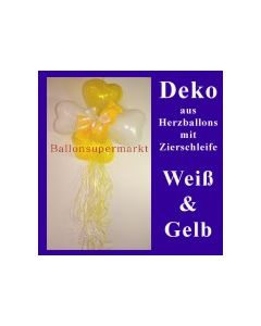 Herzluftballons-Dekoration mit Ringelband und Zierschleife, Weiß-Gelb