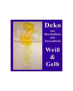 Herzluftballons-Dekoration mit Ringelband und Zierschleife, Weiß-Gelb