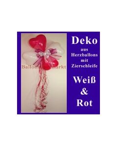 Herzluftballons-Dekoration mit Ringelband und Zierschleife, Weiß-Rot