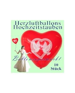 Herzluftballons mit Hochzeitstauben, 10 Stück