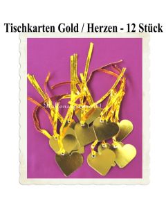 Tischkarten Gold, Herzen mit Satinband, 12 Stück, 5 cm