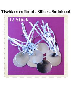 Tischkarten Silber mit Satinband, 12 Stück, Rund, 5 cm