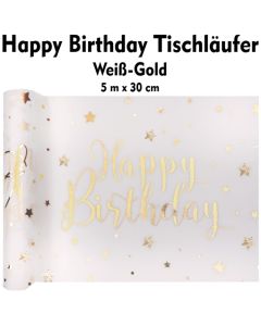 Tischläufer, Tischdecke Happy Birthday, weiß-gold, 5 Meter Rolle
