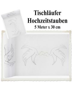 Deko-Tischläufer Weiß mit Hochzeitstauben, Organza Tischdecke, 5 Meter lang x 30 cm