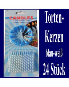 Tortenkerzen, 24 Stück, 12 Kerzenhalter, blau-weiß