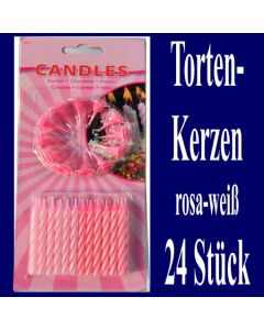 Tortenkerzen, 24 Stück, 12 Kerzenhalter, rosa-weiß