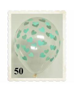 Luftballons 30 cm, Kristall, Transparent mit Mintgrünen Herzen, 50 Stück