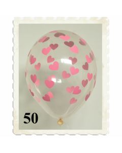 Luftballons 30 cm, Kristall, Transparent mit rosa Herzen, 50 Stück