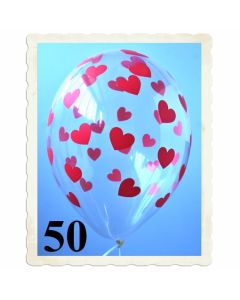 Luftballons 30 cm, Kristall, Transparent mit roten Herzen, 50 Stück