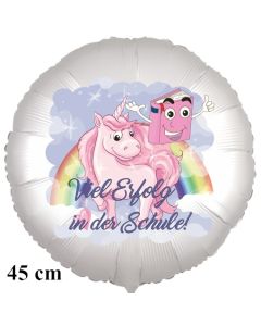 "Viel Erfolg in der Schule!" Einhorn. Runder Luftballon, satinweiß, 45 cm