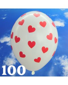 Luftballons 30 cm, Pastell-Weiß mit roten Herzen, 100 Stück