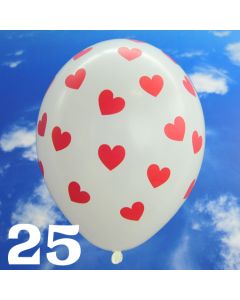 Luftballons 30 cm, Pastell-Weiß mit roten Herzen, 25 Stück