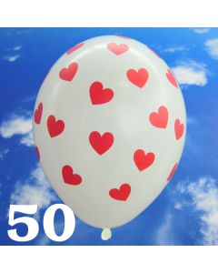 Luftballons 30 cm, Pastell-Weiß mit roten Herzen, 50 Stück