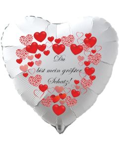 Herzluftballon in Weiß "Du bist mein größter Schatz!" zum Valentinstag mit roten Herzen